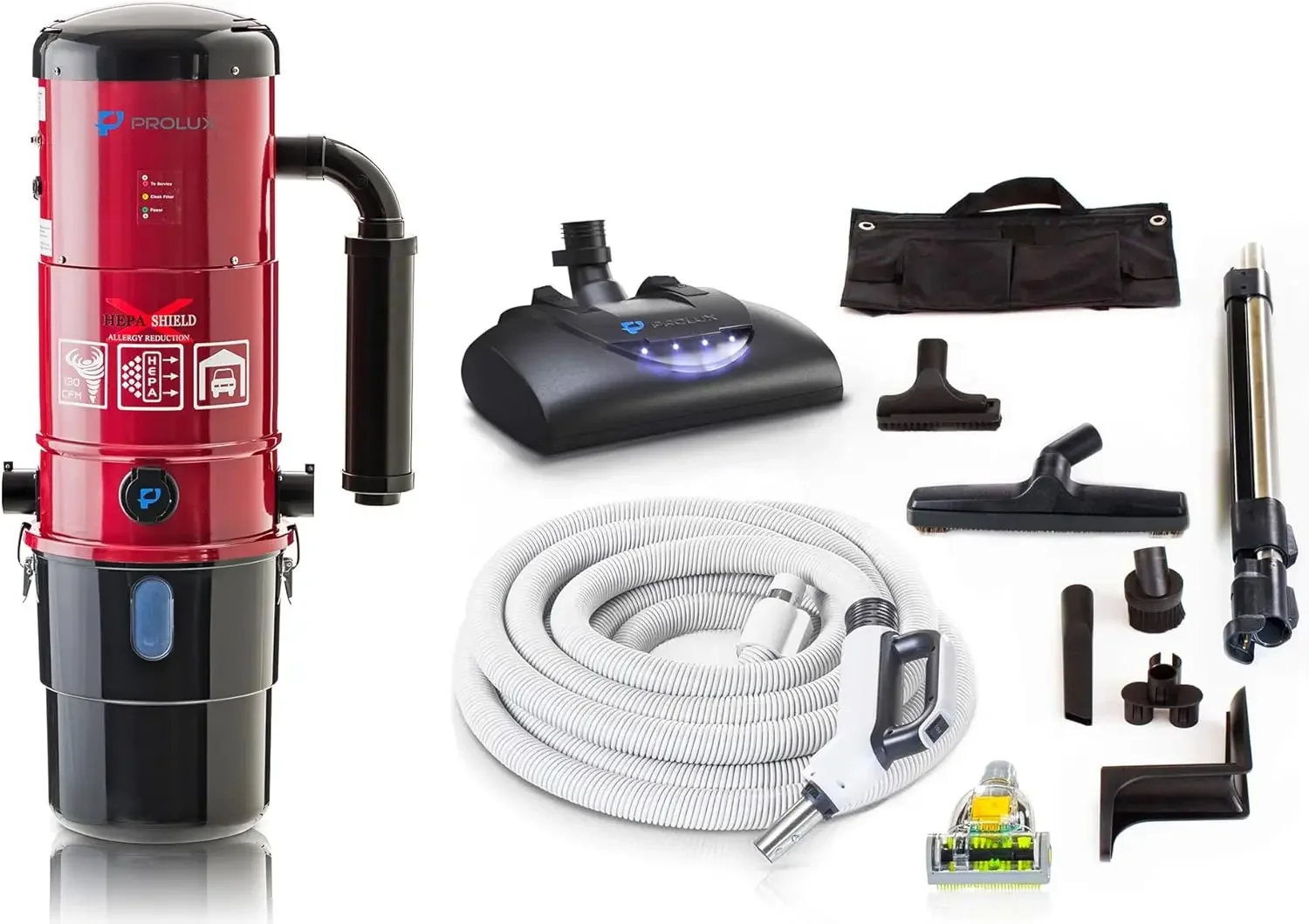 Red Central Vacuum Cleaner Unit System Electric Hose Power Nozzle Kit 25 Year Warranty and HEPA Filtation System