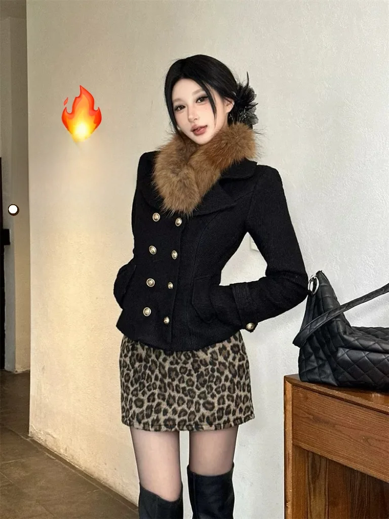 

ibuya Spicy Girl Vintage Slim Fit Woolen Coat Leopard Print Skirt Set Faionable ort Sle High Waist Autumn Wear