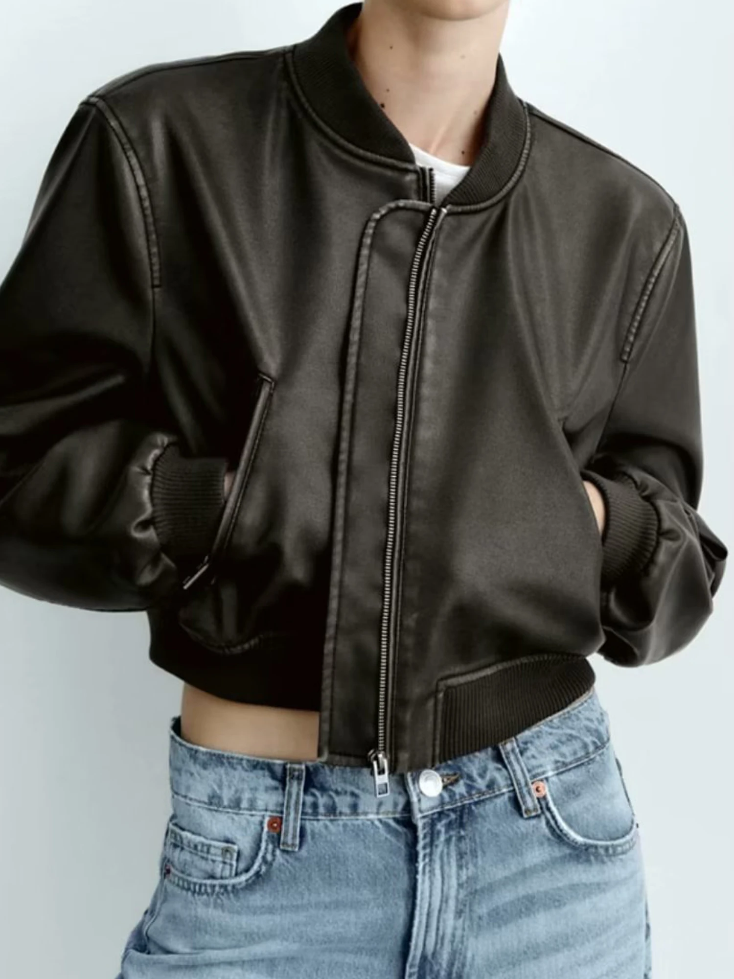 Primavera autunno Beige nero Slim risvolto manica lunga donna giacca corta in pelle Fuax cappotto femminile giacca da motociclista in pelle PU Streetwear