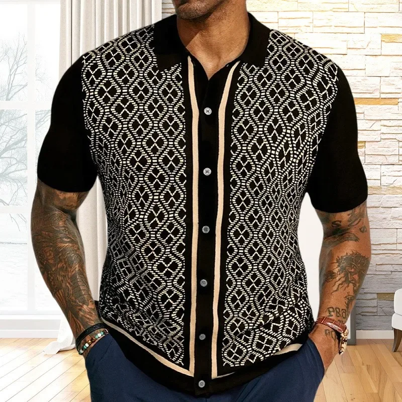New Men Fashion Business Tops Casual Geometric Printed Knitted Polo Shirts Leisure Quality Short Sleeve Polos Jacquarded T-shirt