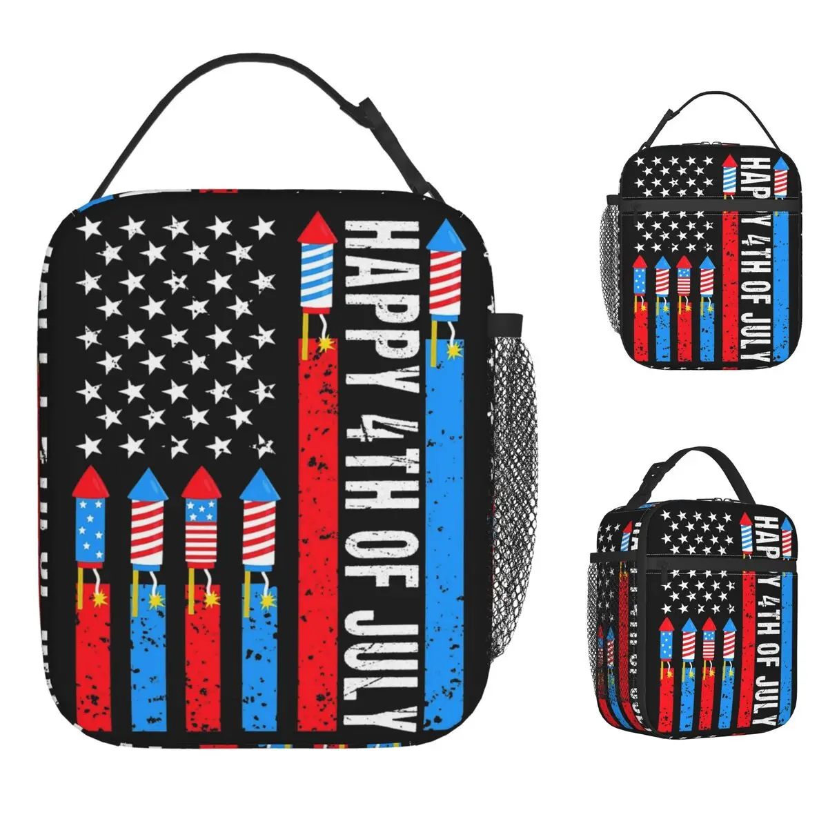 

Happy 4th Of July American Flag Fireworks Lunch Bag Picnic Lunch Box Graphic Thermal Tote Handbags Waterproof Portable Zipper