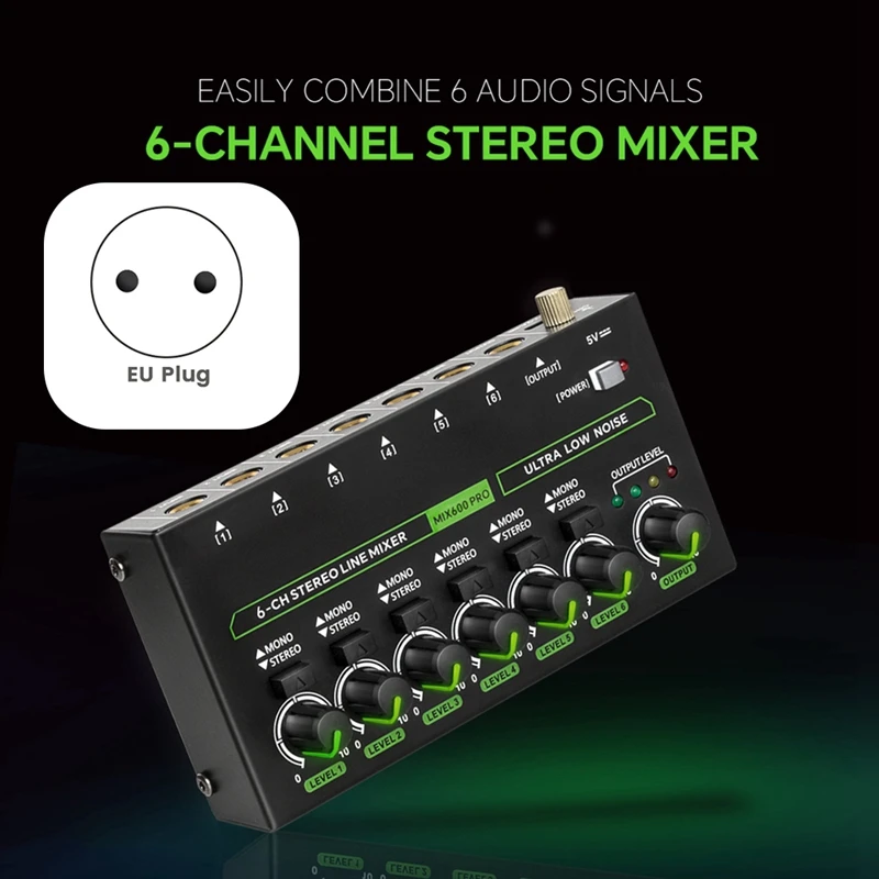 Mini Audio Mixer 6 Channel Stereo Line Mixer DC5V Microphone Control Mixer for Professionals Beginners (EU)-A51M