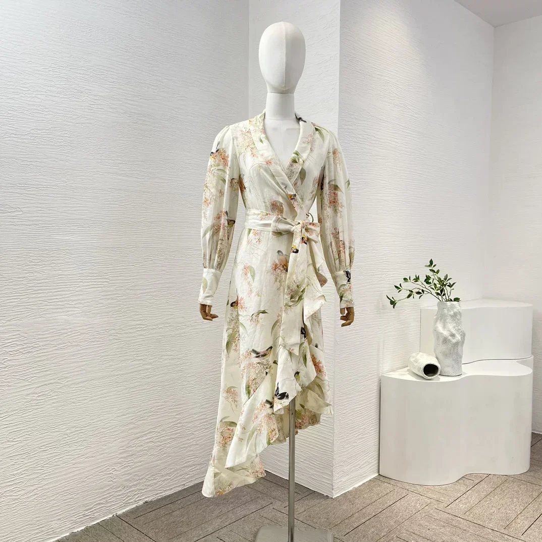 2024 New Linen Vintage Beige Flower Birds Print Long Sleeve Irregular Ruffle Self Bow Tie At Waist Women Midi Wrap Dress