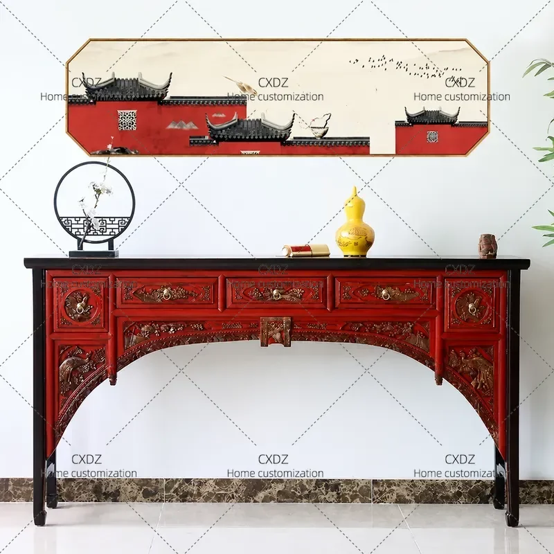 New Chinese Style Antique Solid Wood Carved Strip Table Modern Minimalist Console Table with Flat Top for Living Room