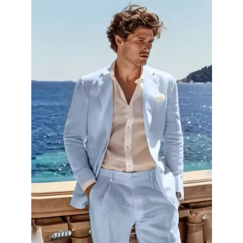 

Men's fashion solid color casual linen suit slim fit solid color tailcoat men's 2-piece set customized men's suit
