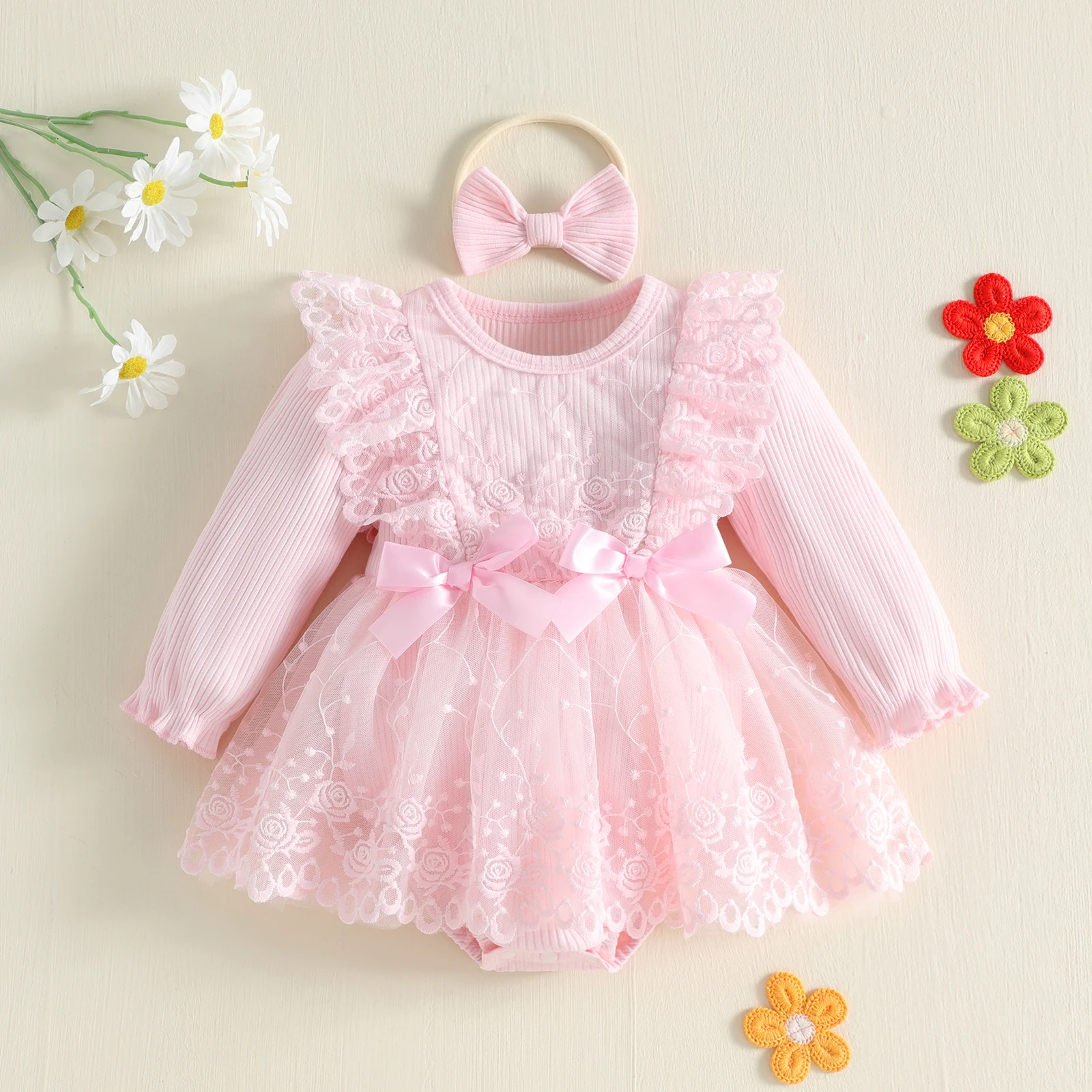 Sweet Baby Girl Fall Bodysuit Long Sleeve Floral Lace Romper Dress Headband Clothes