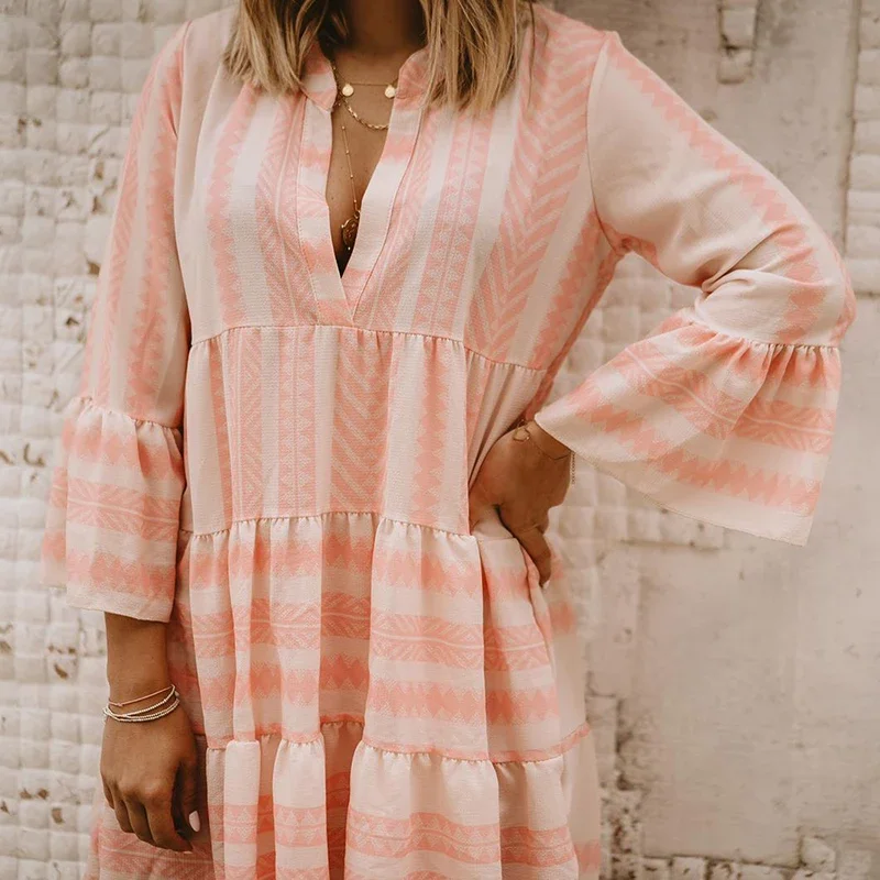 Boho Dress for women Casual Loose Striped Mini Dresses Mini Women 2025 Bohemian Short Beach Dress V-Neck Sundress Femme Vestido
