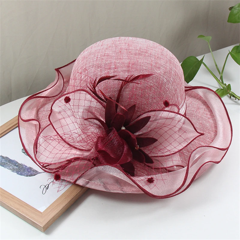 Elegancki kapelusz fascinator z szerokim rondem z sinamaju z kwiatem, koronkowy kapelusz z szerokim rondem na wesele, imprezę, Kentucky Derby, kapelusz kościelny dla kobiet