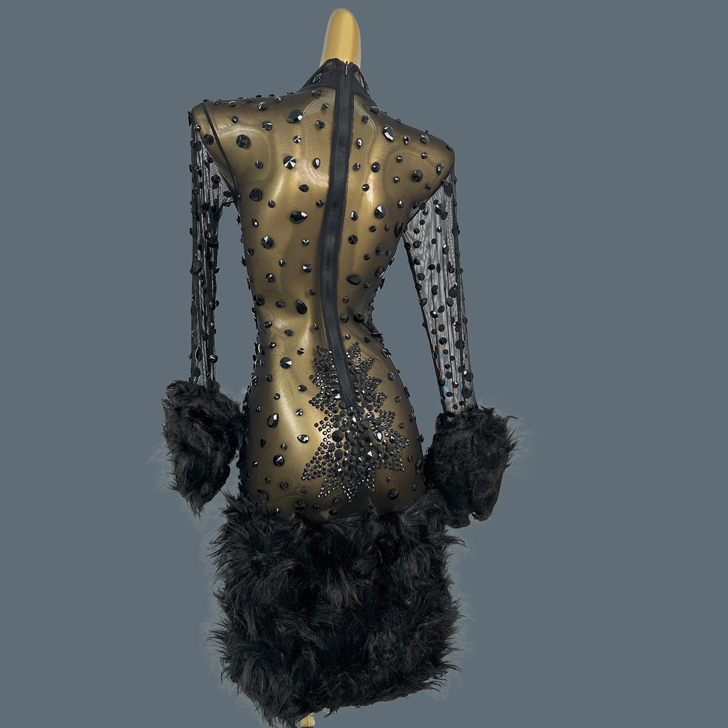 Black See Through Mesh Feather Cocktail Dress Elegant Night Club Long  Sleeves Event Show Party Sparkly Rhinestone Outfit Guibin - AliExpress  200000345