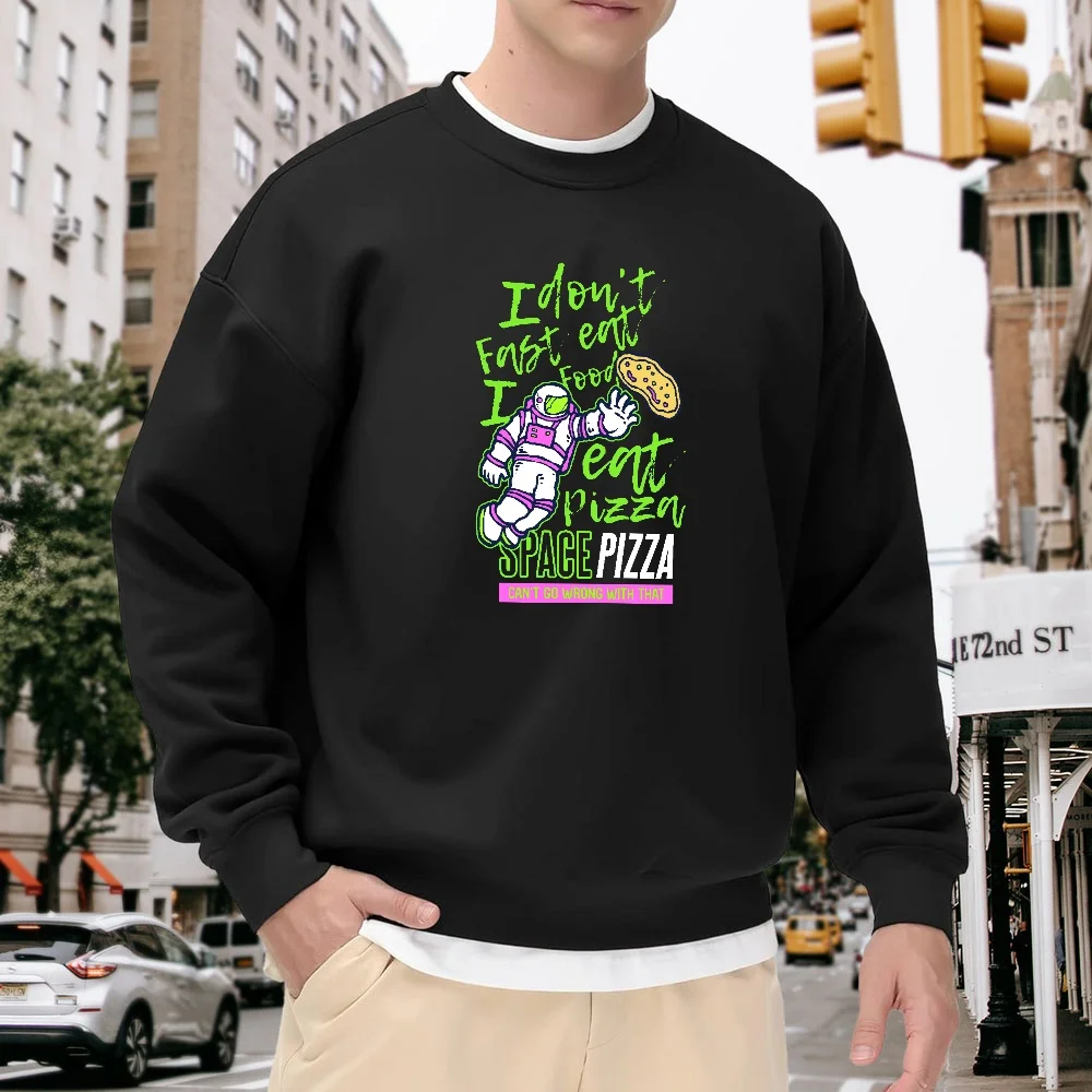 

Men's Black Crew Neck Loose Sweatshirt with Fun Astronaut Pizza Letter Print, Casual Street Style, Versatile and Comfortable for Everyday Wear