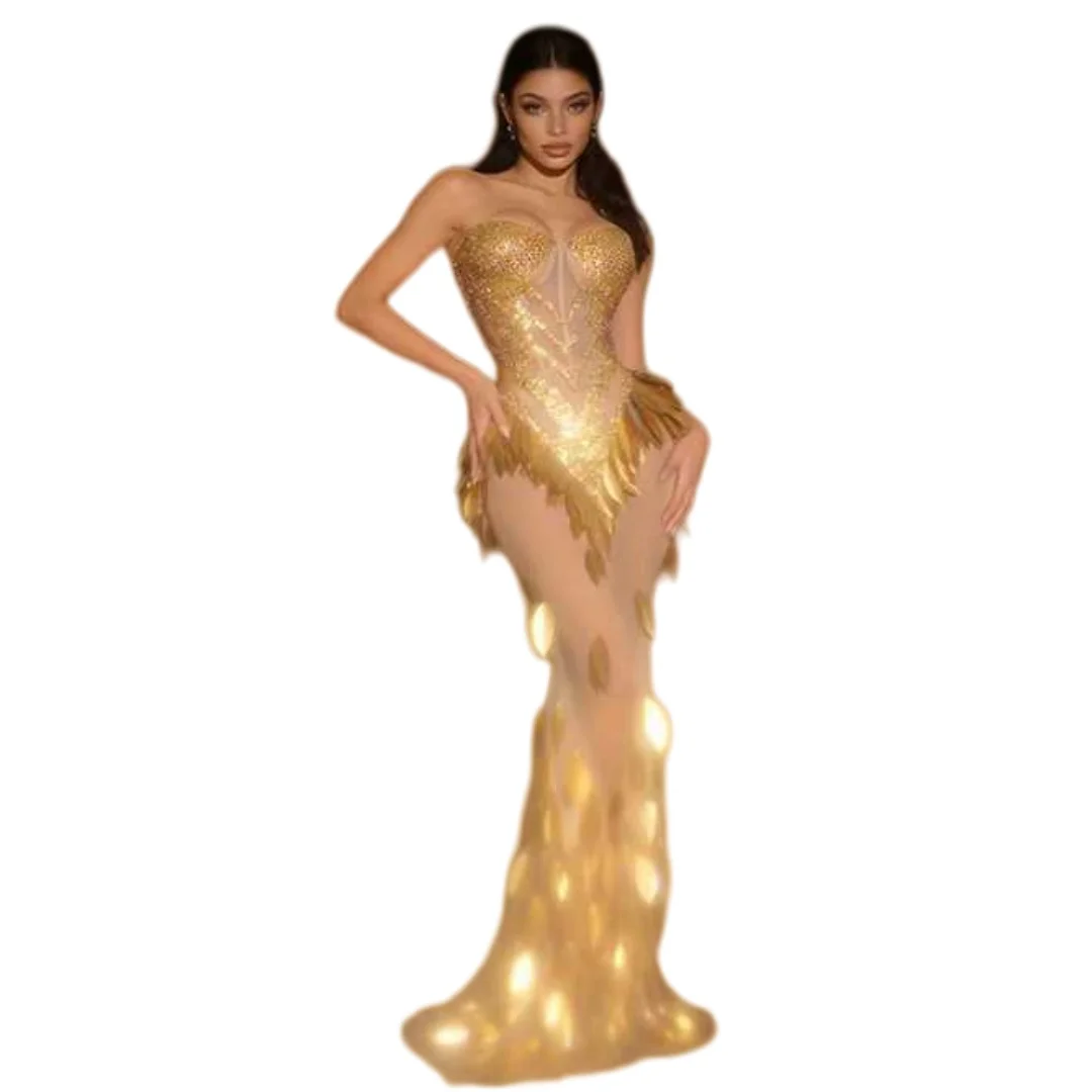 

Gold Floor Maxi Length Dress For Women Specials Occasion Birthday Prom Night Singer Stage Wear