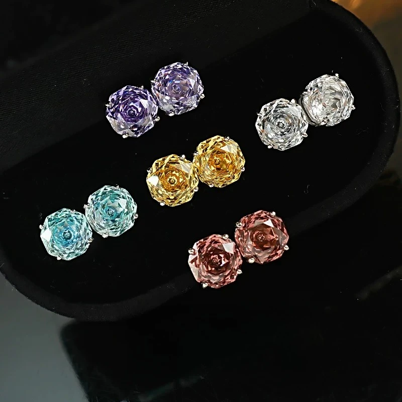 S925 Silver Ear Nail Rose Cut Color Simple Inlay Zircon Dried Rose Classic Fashion Women's Jewelry