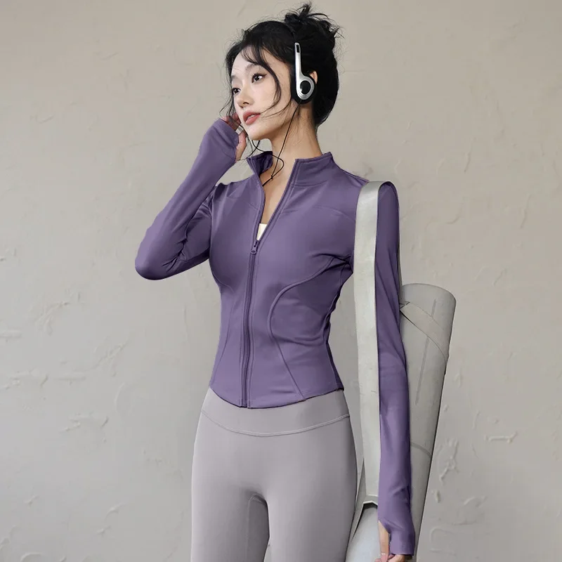 Quick Dry Stand Up Collar Fitness Jacket for Women Slim-Fit Zipper Yoga Wear Long Sleeve Breathable Running Sports Cycling Top