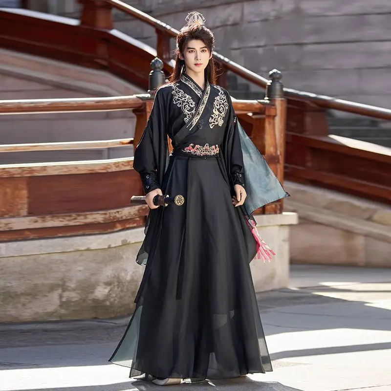

Китайский мужской костюм Hanfu Immortal в древнем стиле, черно-белый двухцветный костюм с элементами Хань, китайский классический костюм
