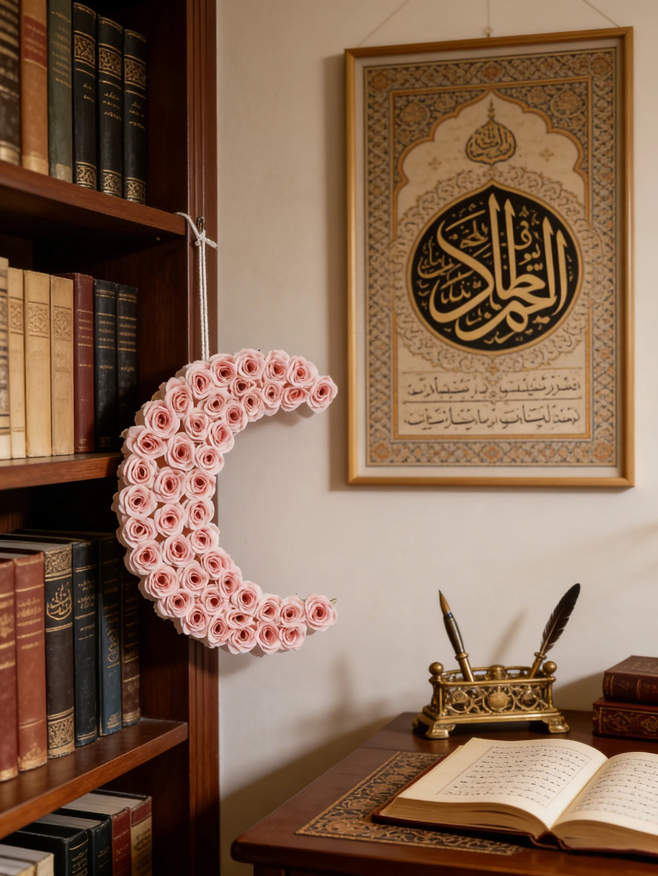 Ramadan Kareem Pink Rose Moon Wreath Islamic Hanging Wall Decor Boho Floral Crescent Ornament for Muslim Home Party Decorations