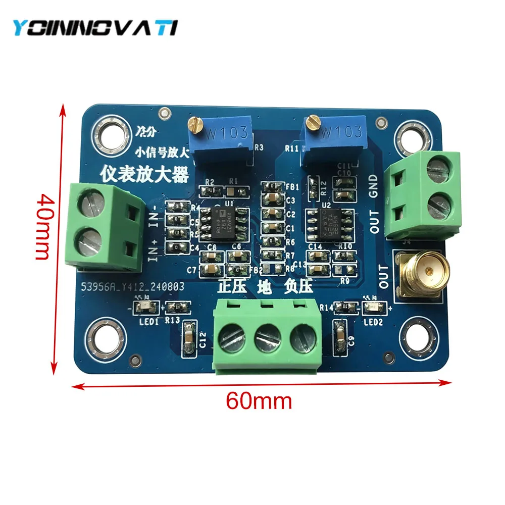 YT AD8421/AD8429 High CMRR Differential Amplifier Module, DC-10MHz, Gain 1-10000, for Microvolt/Millivolt Sensor Signal