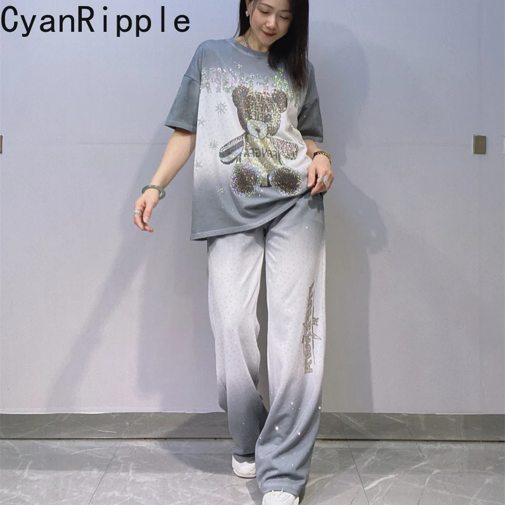 

Gradient New Summer Women Two-piece Set Cute Bear Diamonds Loose Short Sleeve T-shirt Top + Elastic Waist Casual Straight Pants