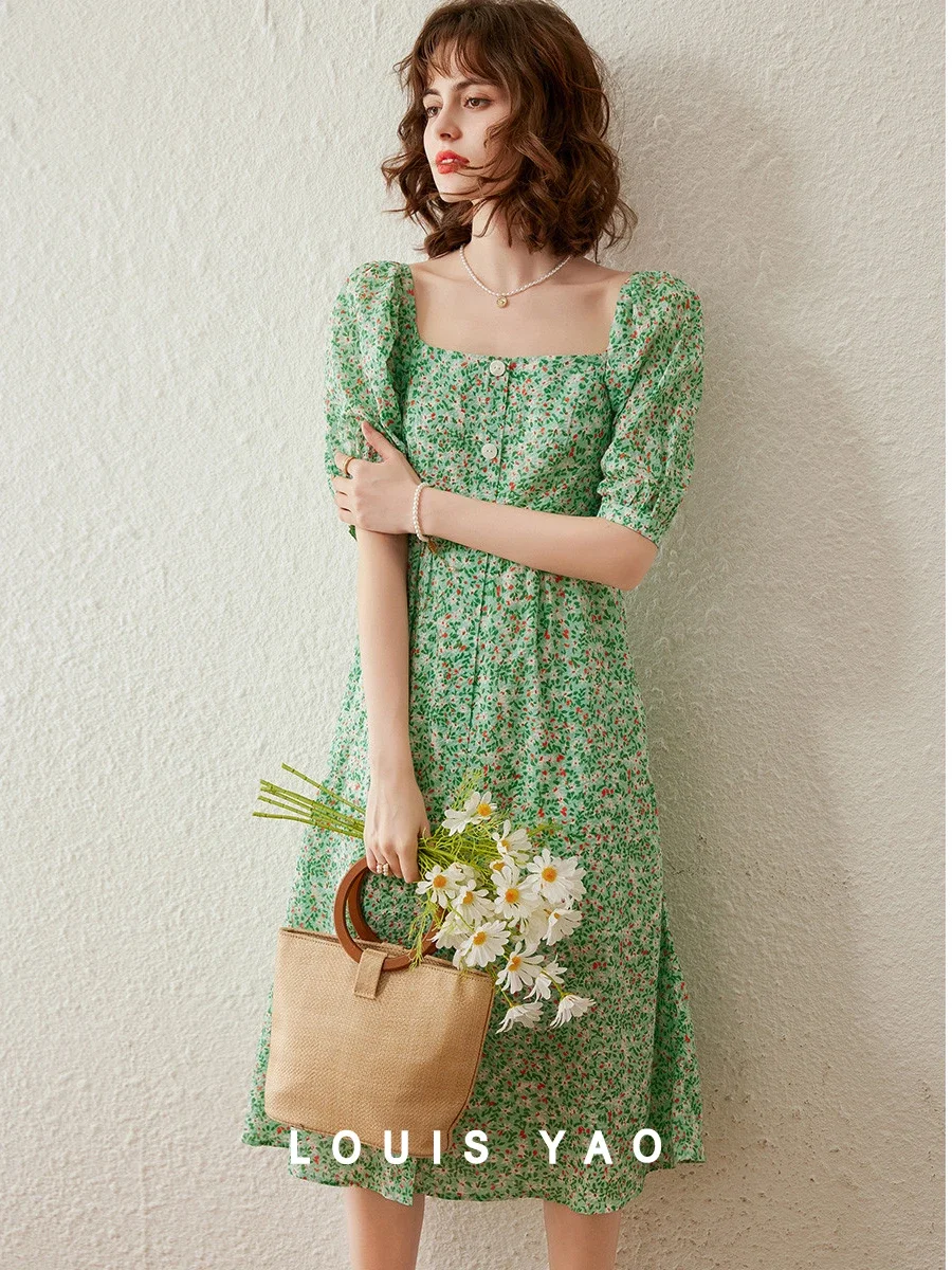 

LOUIS YAO Women Dress 2024 Summer French Style Retro Short Puff Sleeve Square Neck Vent Dress Mid Length Green Dress