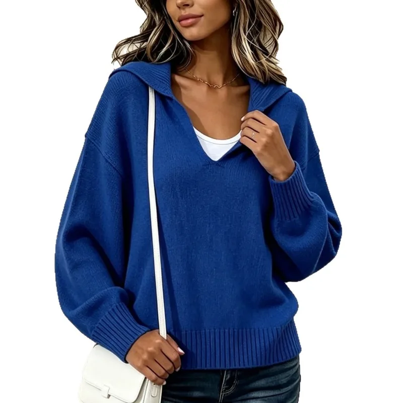 Women V Neck Sailor Collar Knit Sweater Solid Color Loose Long Sleeve Pullover Top For Autumn Winter