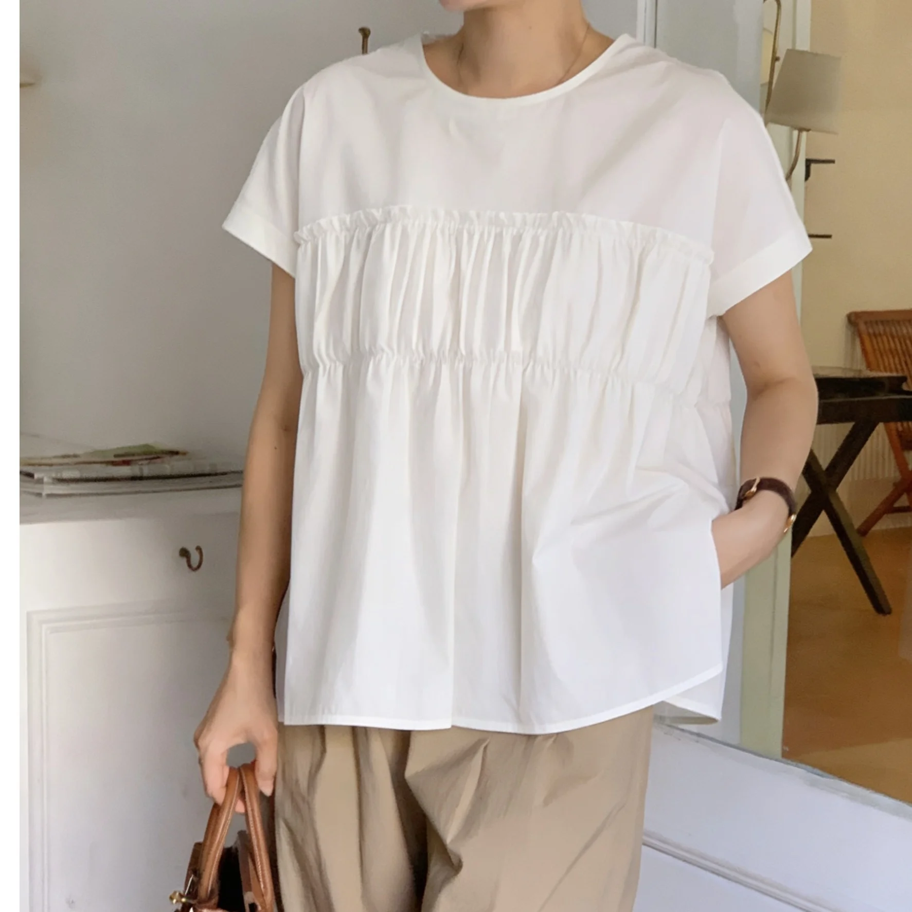 

Корейская винтажная футболка с коротким рукавом в стиле ретро, женская, с пэчворком, модный универсальный дизайн, летняя новинка, уникальная модель