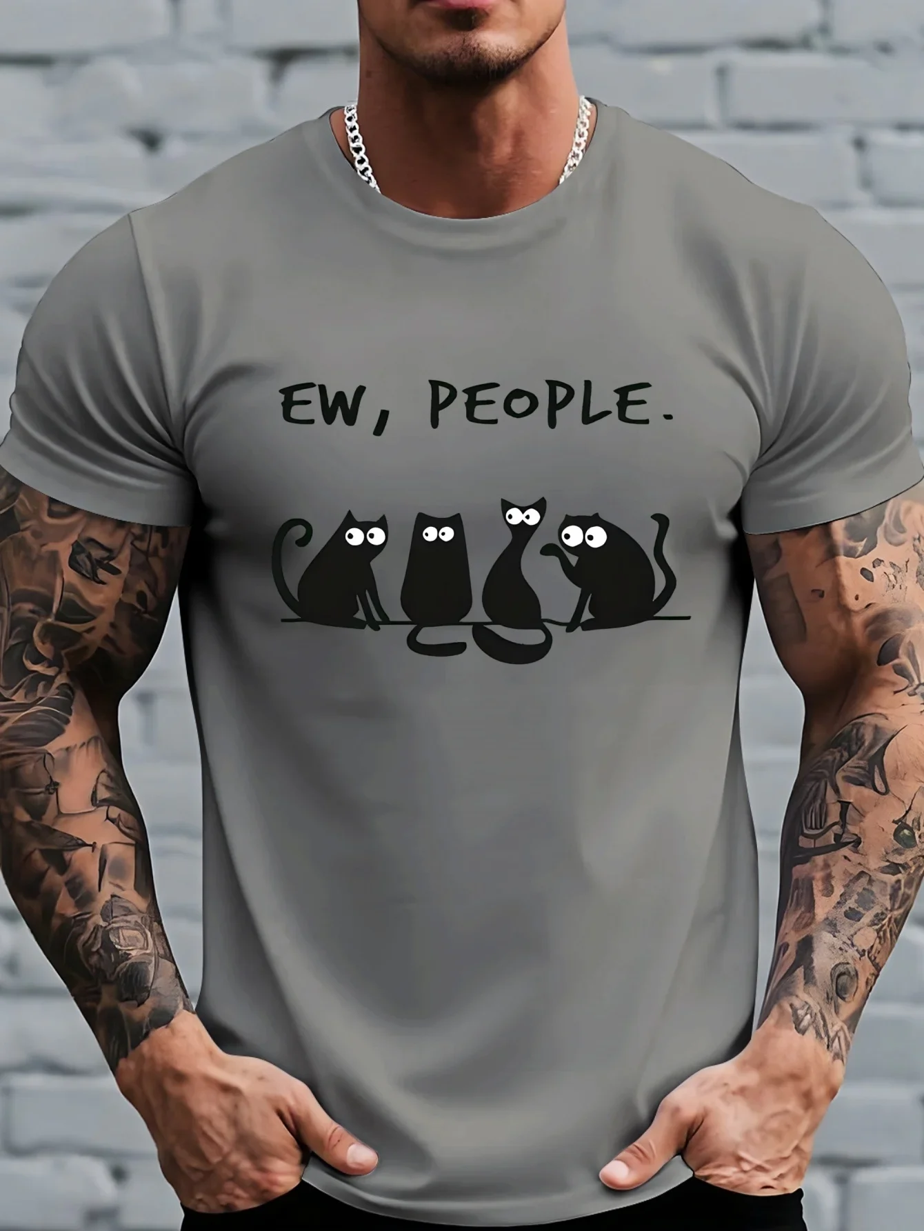 Funny Ew People Black Cat Graphic T‑Shirt Humor Cartoon Cat Print Crew Neck Short Sleeve Casual Novelty Tee Tops