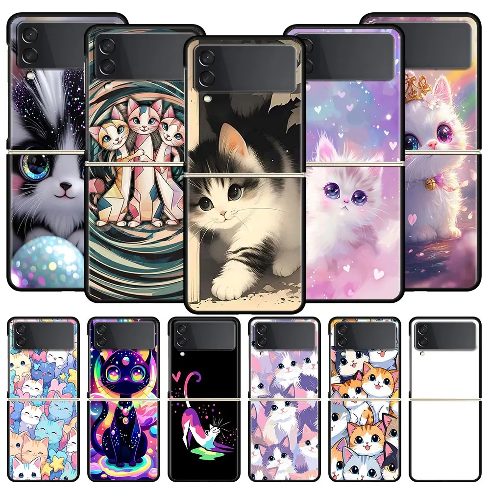 Colorful Cat Design Hard PC Phone Case For Samsung Galaxy Z Flip 7 6 5 4 Black Cover For Galaxy Z Flip 3 Foldable Shell Fundas