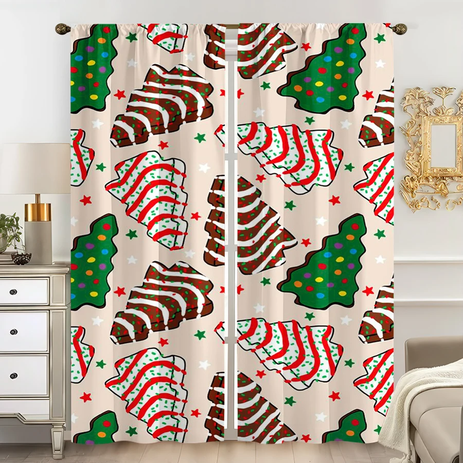 2PCS Digital Print Curtain, Christmas Tree Cakes with Colorful Frosting and Stars on Beige, Cute Dessert, for Window Home Decor