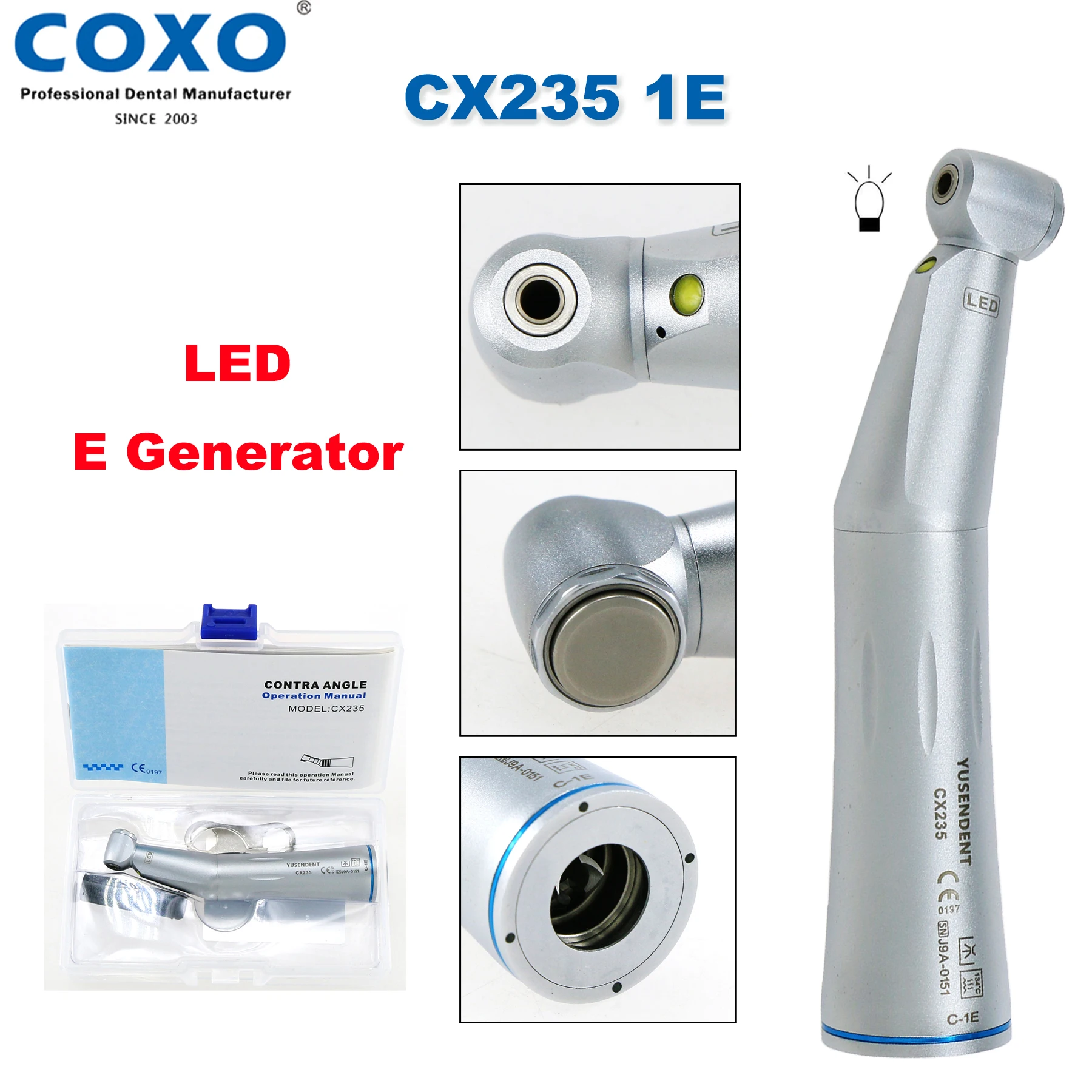 

COXO YUSENDENT Dental 1:1 LED Low Speed Handpiece E Style Contra Angle Internal Water Spray Handpiece Fit NSK KAVO