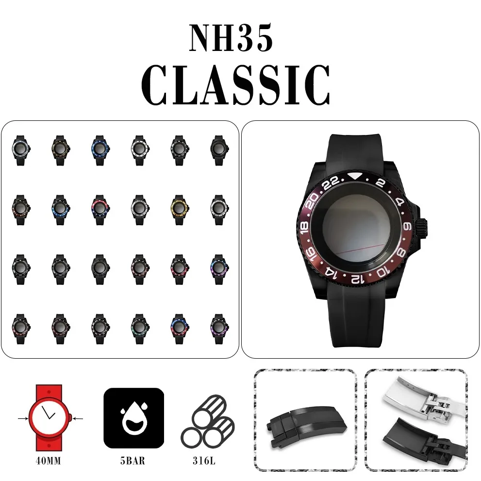 316L stainless steel SUB plated black sheer case + strap Sapphire Mirror Compatible with NH35/36 calibre