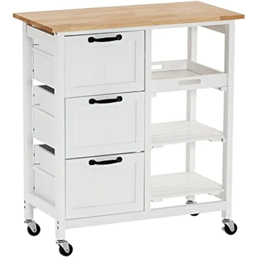 

Storage Rack Trolley, Rolling Kitchen Storage Cart with Drawers and Racks with Natural Solid Wood Top, Small Microwave Trolley