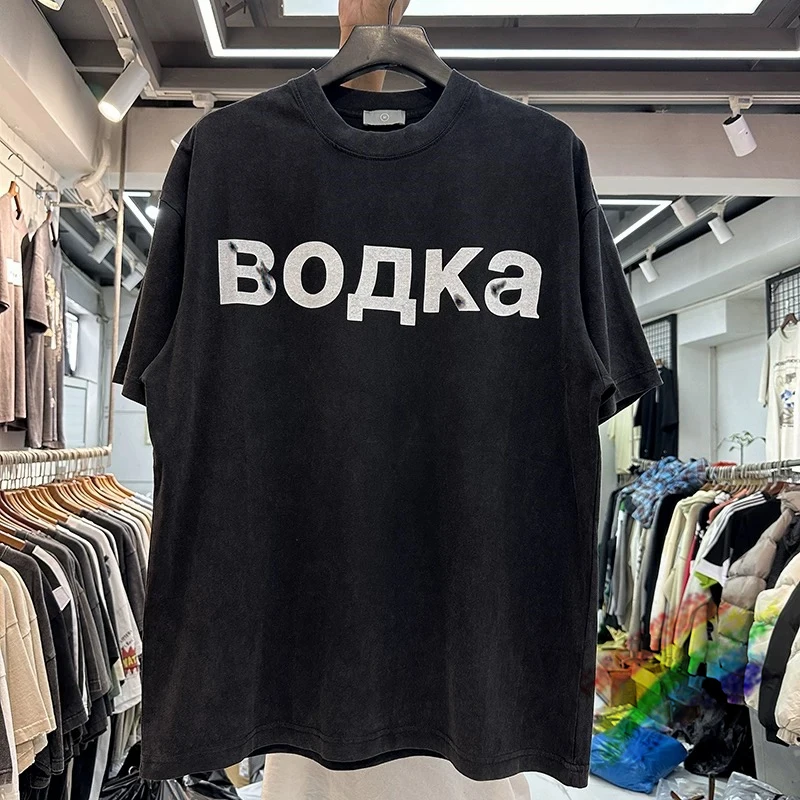 

Washed Vodka Russian Printing T Shirt Men Women Loose T-shirt Top Tees