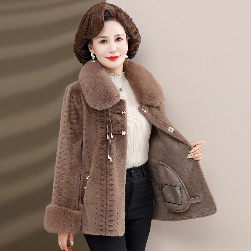 High-quality Mother Winter Fur Jacket Noble Women Mink Coat Middle Aged Female Fox Fur Collar Short Overcoat Mink Velvet Outwear