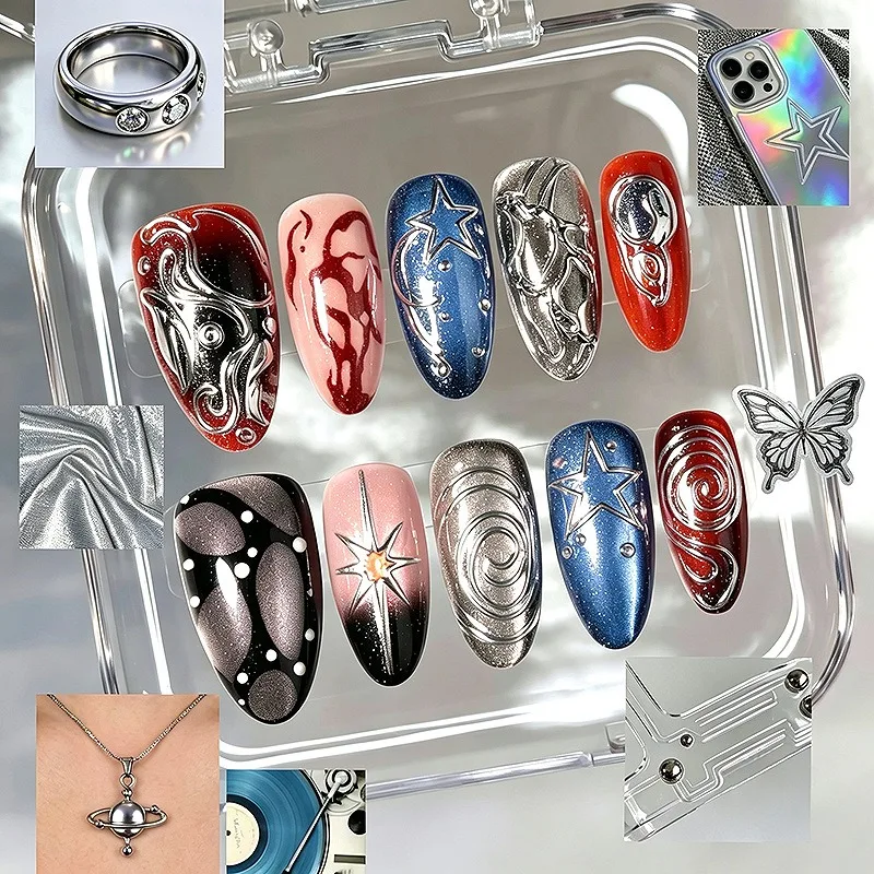 24PCS Sweet Cool Blue Almond Press on Nails with Glue Metallic Silver Star Swirl Pattern French Dark False Nails for Women Girls