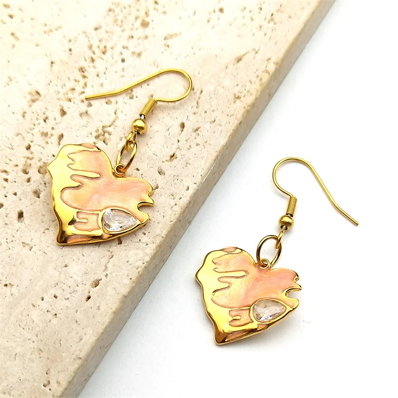 

Zircon Colorful Enamel Lava Peach Heart Irregular Dangle Earrings for Women Stainless Stee Earrings Couple Jewelry Party Gift