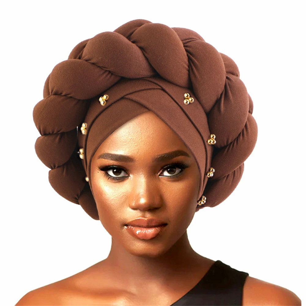 Auto Gele African Headtie Bonnet Hat Turban for Women Muslim Head Wrap Nigerian Scarf Braid Hijab Aso Oke Femme Chemo Caps Cover