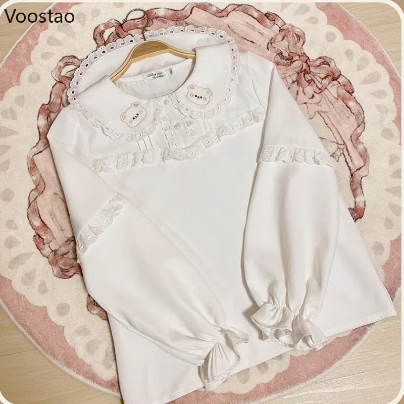 Japanese Kawaii Lolita Shirt Women Cute Lace Peter Pan Collar Cartoon Bear Embroidery Puff Sleeve Blouses Sweet Princess Clothes