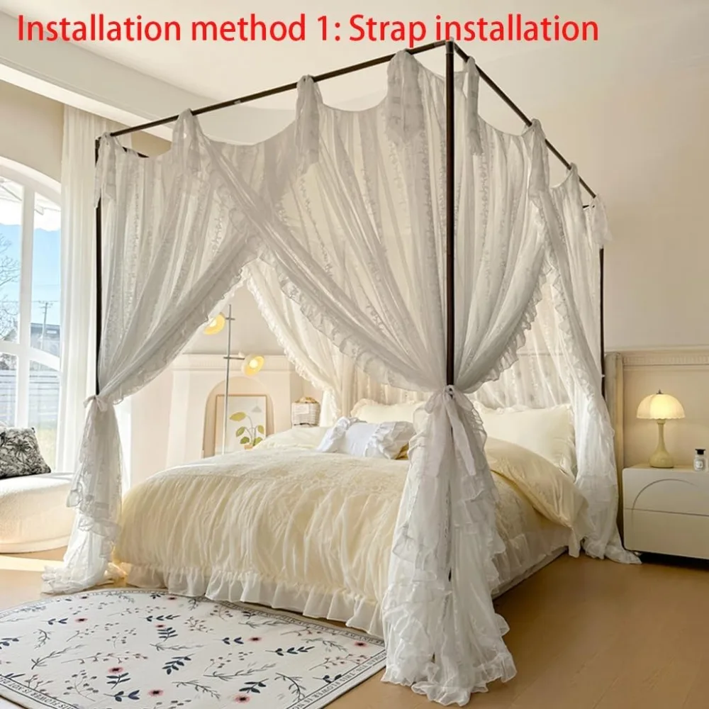 Lace Princess 4 Corner Mosquito Net Canopy for Bedroom Wedding Decoration (White-8, California King)