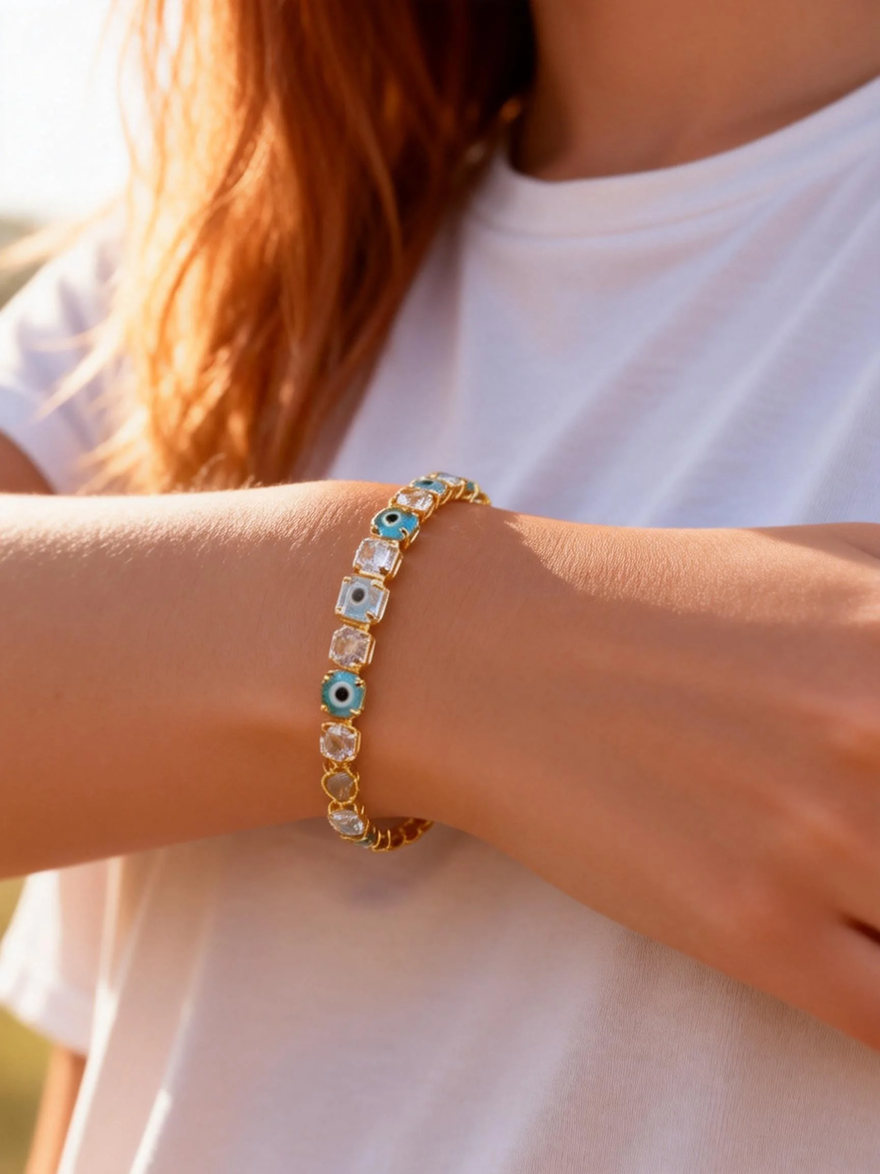 Evil Eye Zircon Tennis Bracelet for Women, Copper Lucky Protection Amulet Vibrant Color Spring Summer Trendy Jewelry Gift