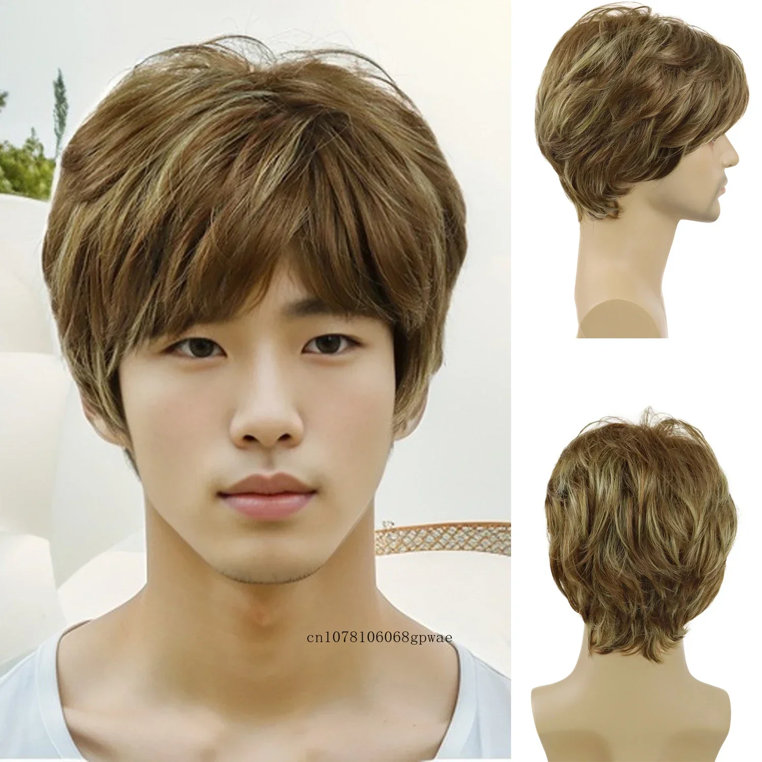 Synthetic Hair Mix Brown Wigs for Men Boys Short Layered Natural Wavy Wig with Bangs Casual Daily Costume Party Heat Resistant