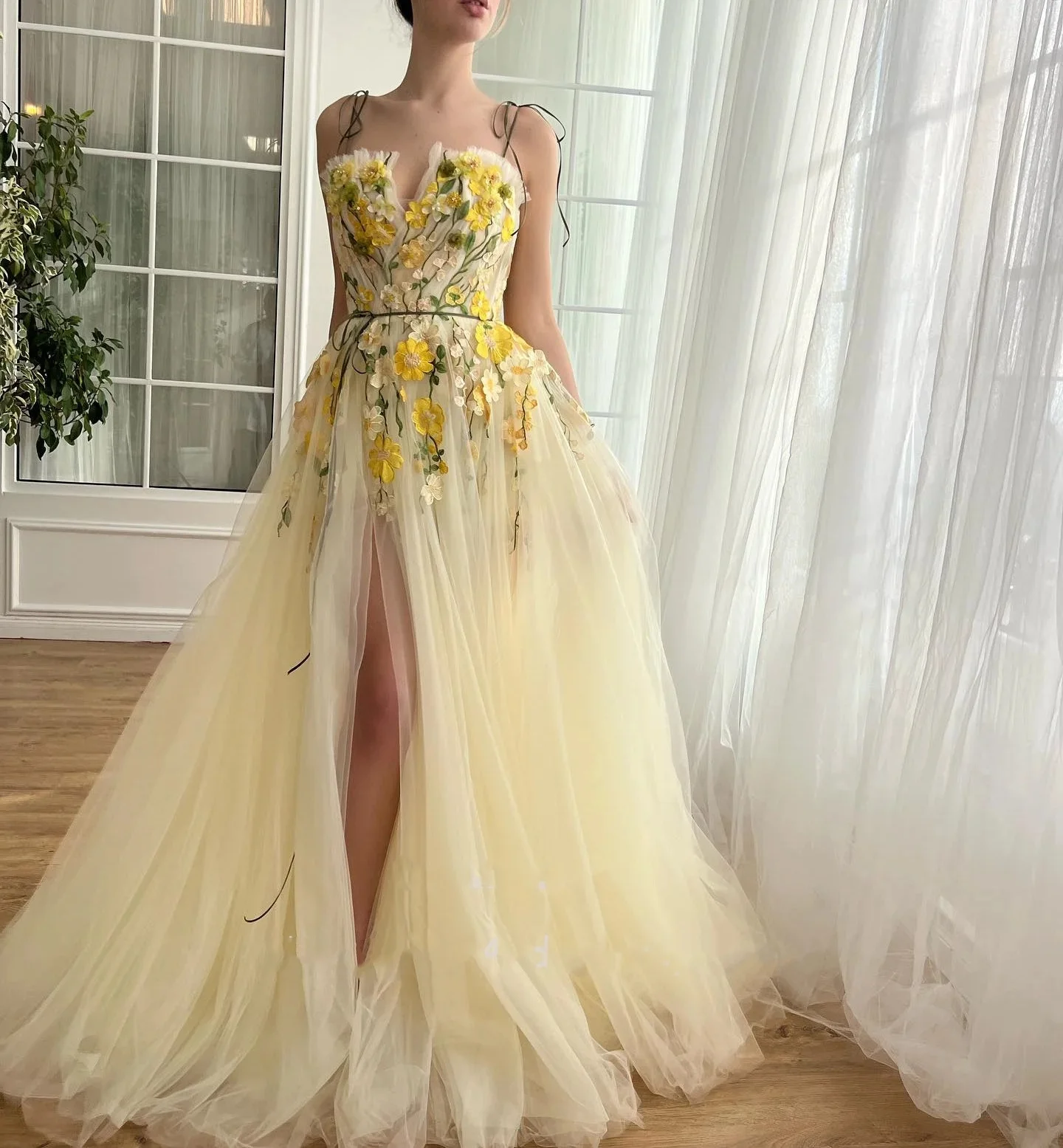 

Sexy Long Tulle Applique Dress A-line V-Neck High Waist Split Evening Formal Evening Party Prom Dress Customised