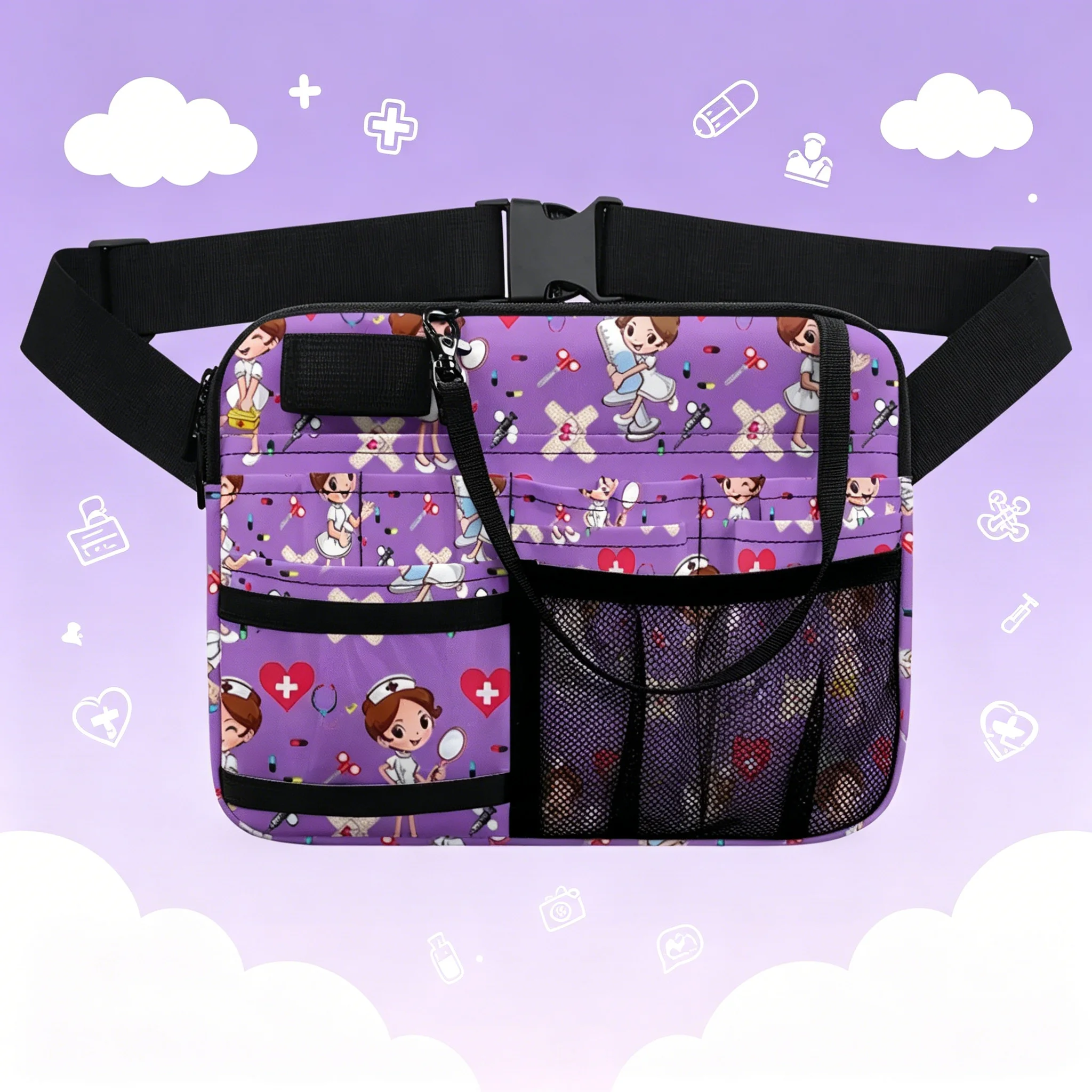 

Cute Cartoon Nurse Print Waist Bag - Multi-Pocket Utility Pouch with Mesh, Adjustable Strap, Medical Staff Gift