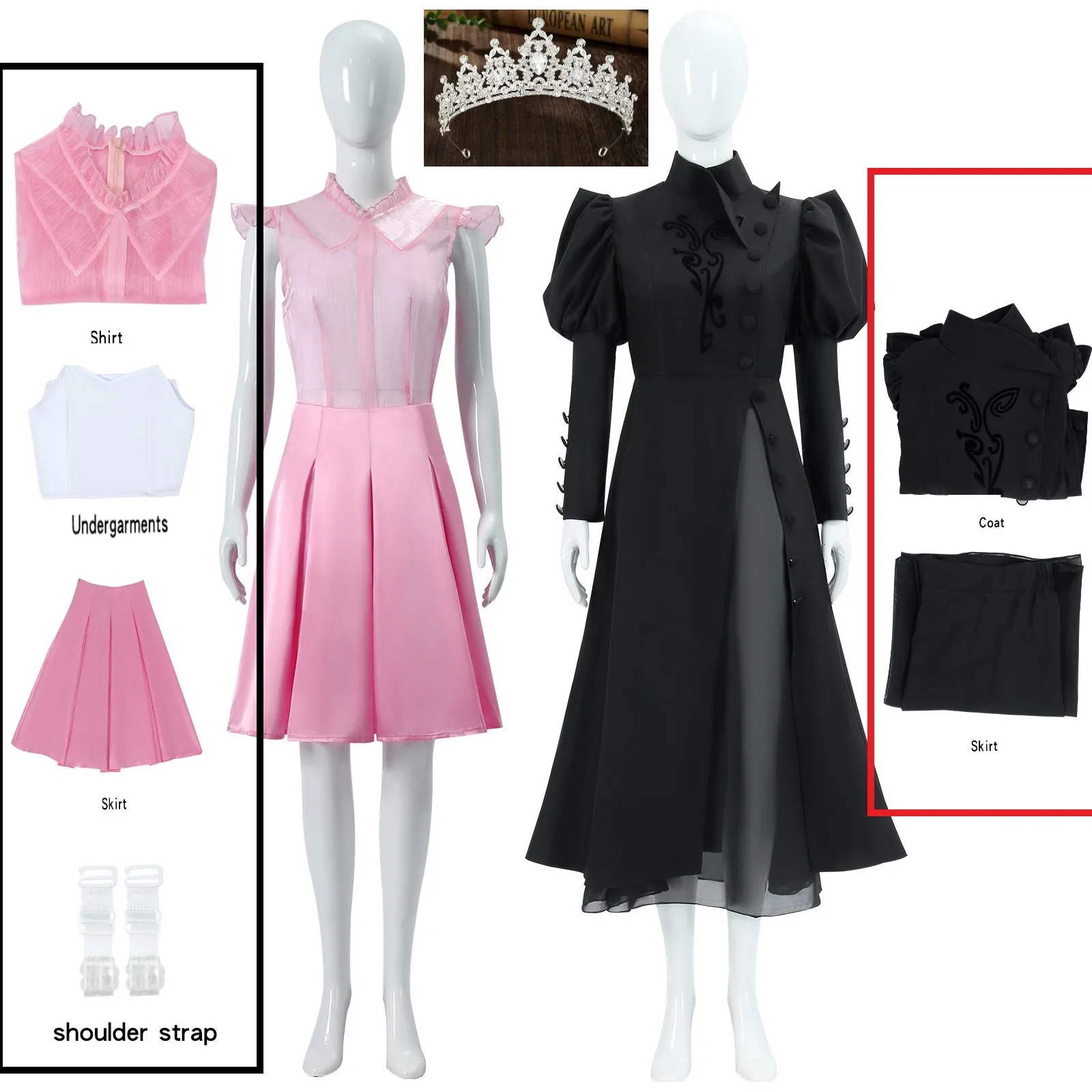 

New Movie Wicked Cosplay Witches Costumes Glinda Elphaba Gotic Clothes Movie Party Role-playing Pink Suit Black Dress Robe Hat