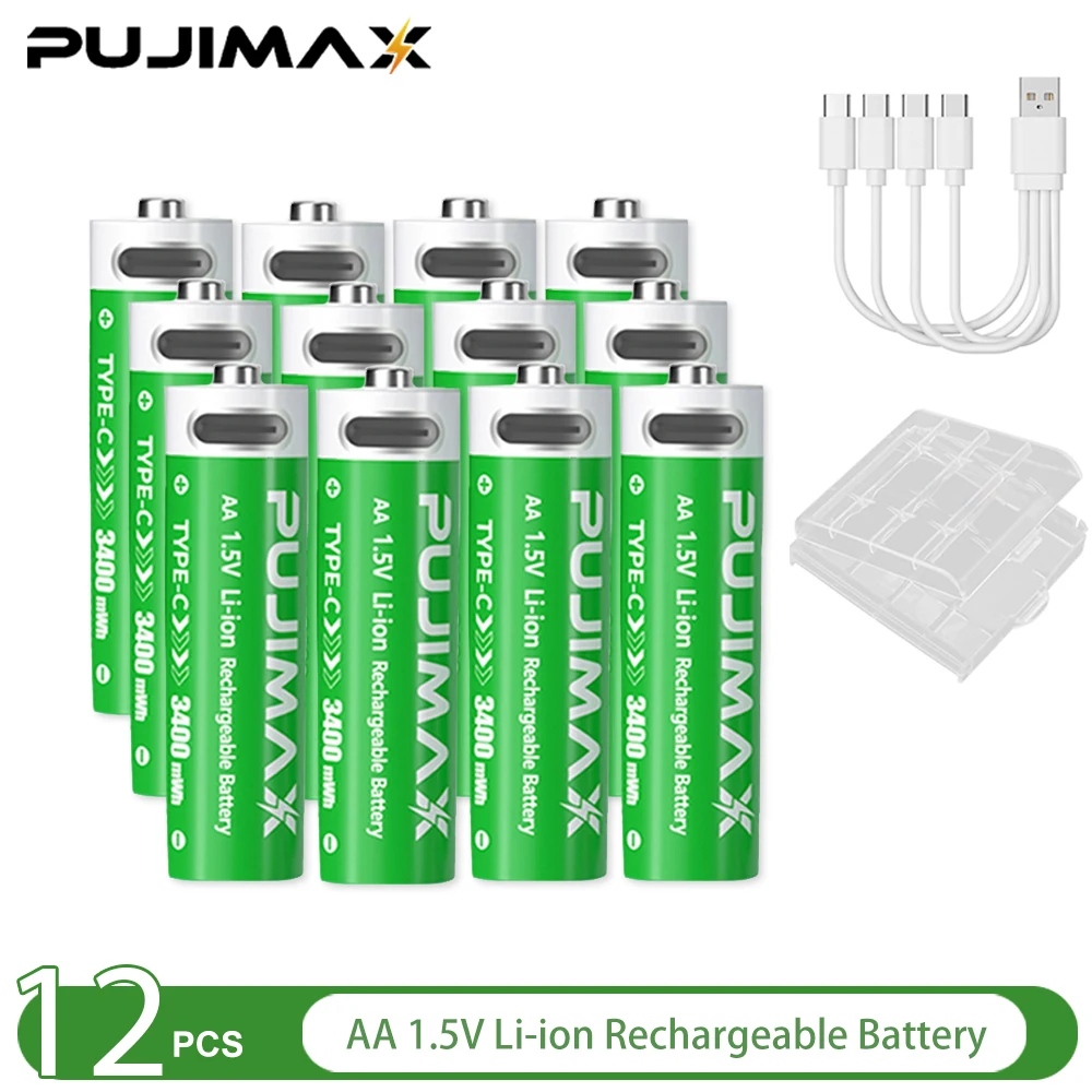 PUJIMAX 1,5 V AA en AAA oplaadbare lithiumbatterij 3400 mWh/1100 mWh, Type-C-poort Opladen worden hergebruikt 1500 keer voor wekkers