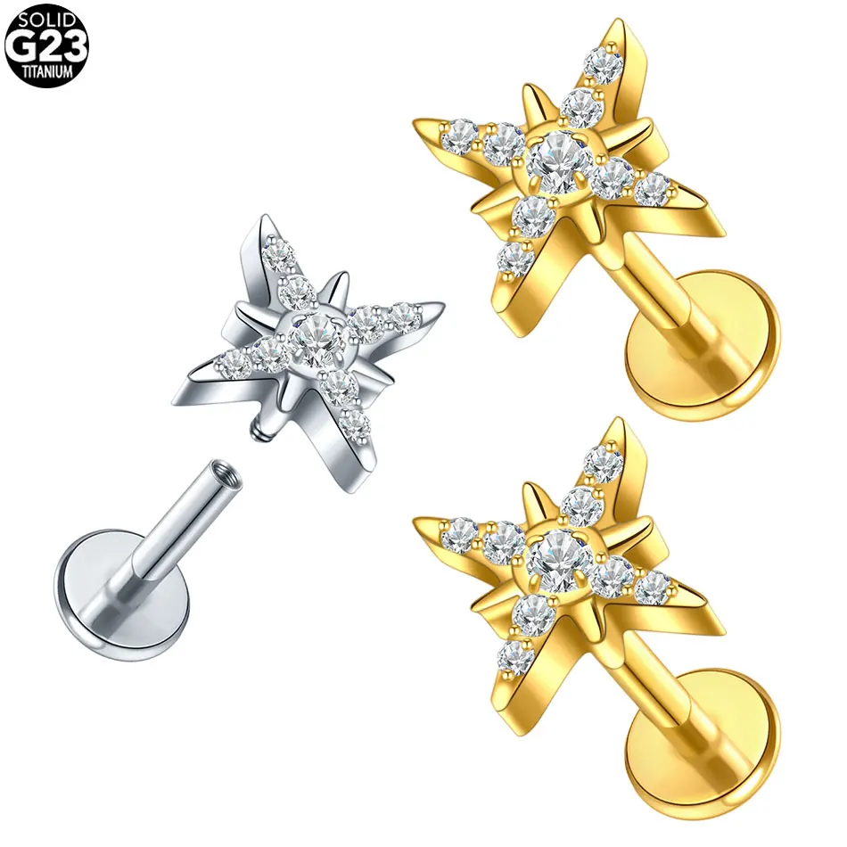1Pc/5Pcs Titanium Stud Earrings with CZ Centered Starburst Top Women Internally Threaded Tragus Helix Piercing Body Jewelry