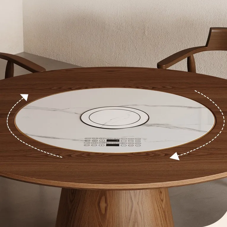 *Large Turntable Modern  Solid Ash Wood Round Dining Table Insert Spinning Top Table with Built-In Induction Cooker