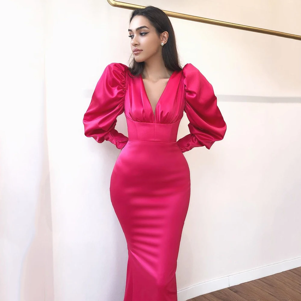 

Yipeisha Fuchsia Evening Dresses with Sleeves Sexy Deep V-neck Mermaid Prom Gown Custom Made Long Sleeves Party Dress