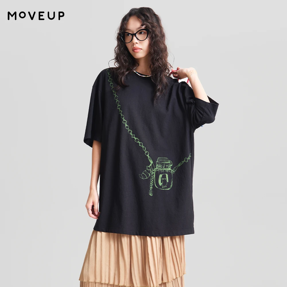 MOVEUP Minimalist White T-Shirt for Women 2026 Spring New Crew Neck Fun Print Pattern Loose Office Midi Length Top 3ELC10554