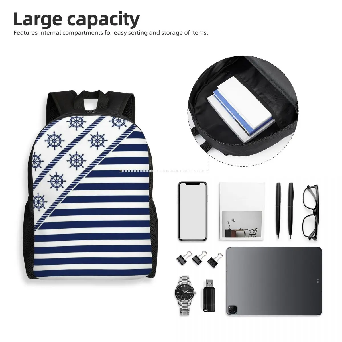 Custom Nautical Wheel Navy Blue Stripes Laptop Backpack Women Men Fashion Bookbag for School College Students Bags