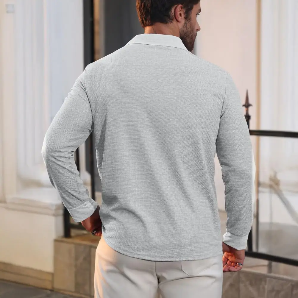 Men Long Sleeve Turndown Collar Quarter Button Neck Comfortable Lightweight Textured Warm Autumn Spring Travel Outdoor Shirt
