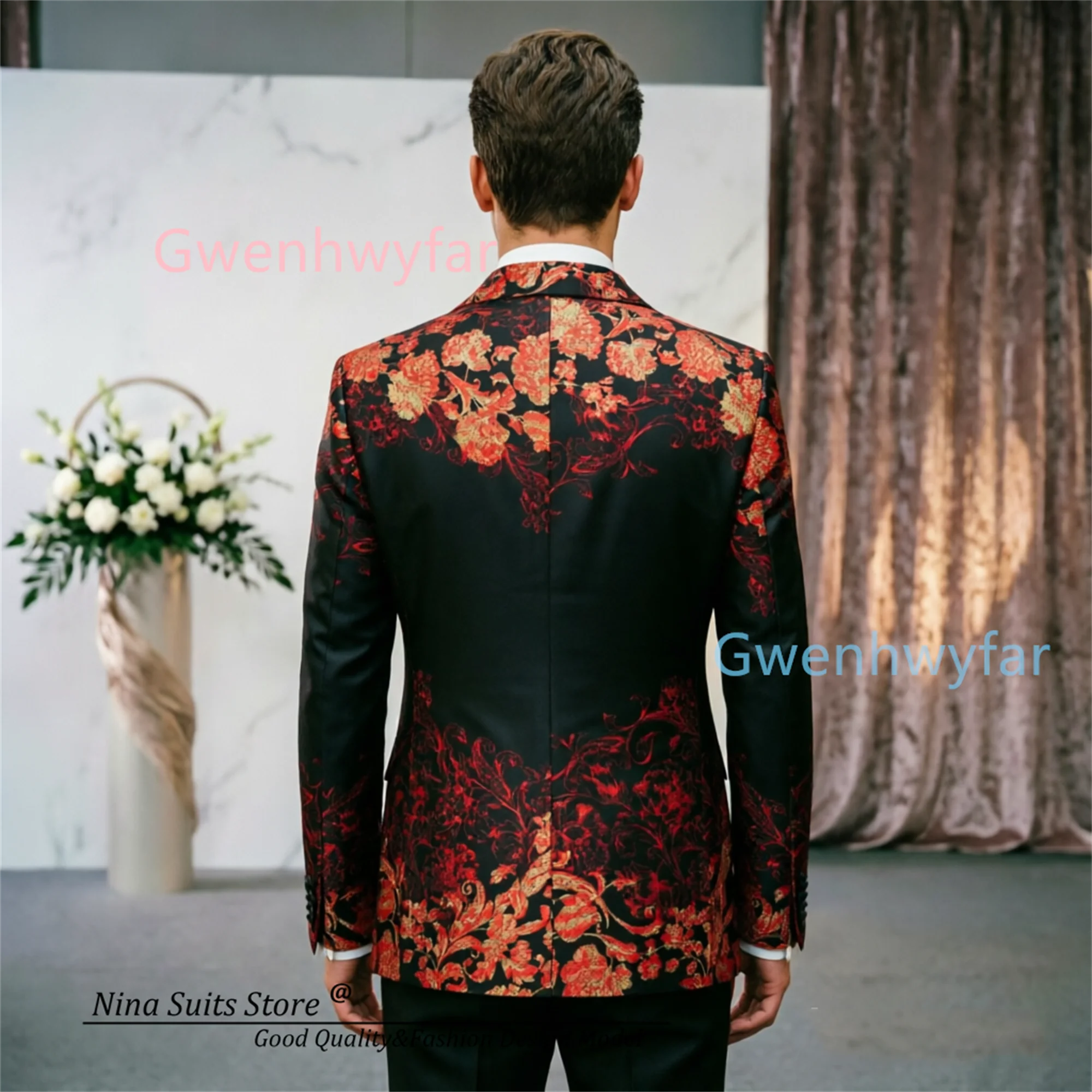 G&N 2026 Fashion Men's Custom Tailored Suiting Set with Red Floral Pattern on Black Jacket And Vest Solid Pants for Formal Party